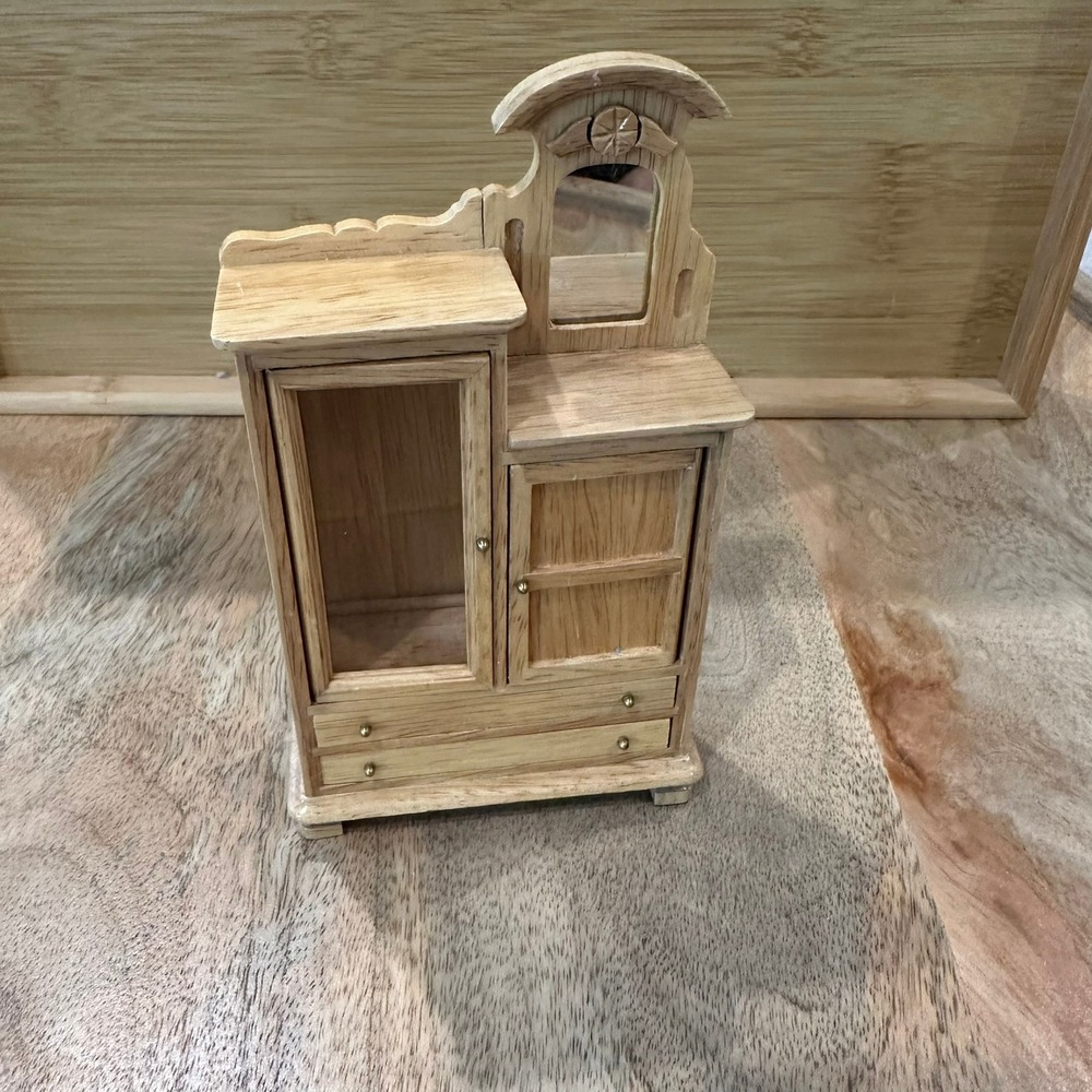 Miniature Wooden Armoire Wardrobe Dollhouse Furniture Mirror Drawers 1:12 Scale